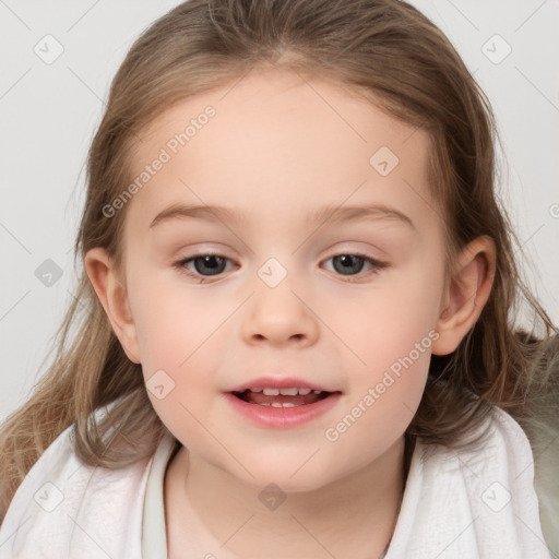 Joyful white child female with medium  brown hair and brown eyes