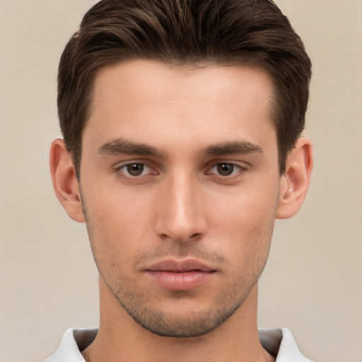 Neutral white young-adult male with short  brown hair and brown eyes