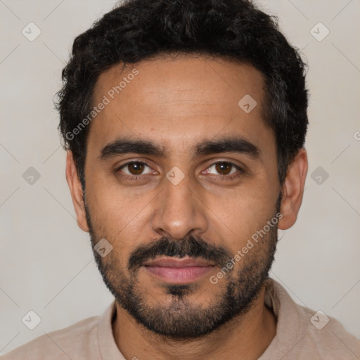 Neutral latino young-adult male with short  black hair and brown eyes