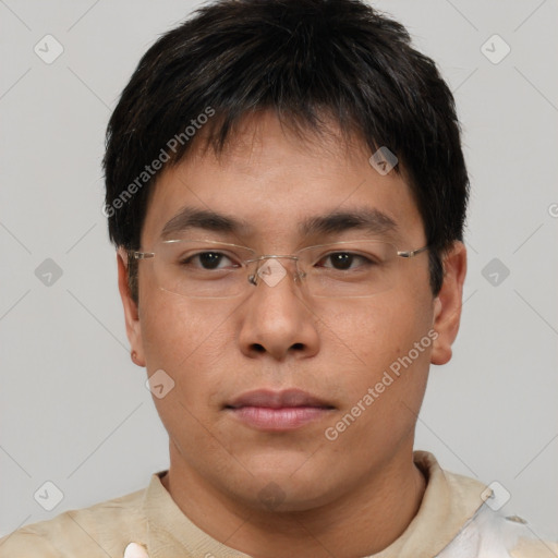 Neutral asian young-adult male with short  brown hair and brown eyes