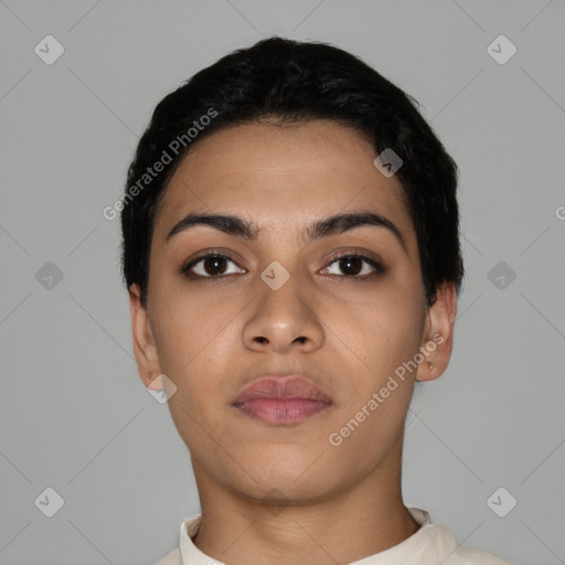 Neutral latino young-adult female with short  black hair and brown eyes