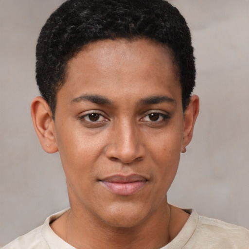 Joyful black young-adult female with short  brown hair and brown eyes