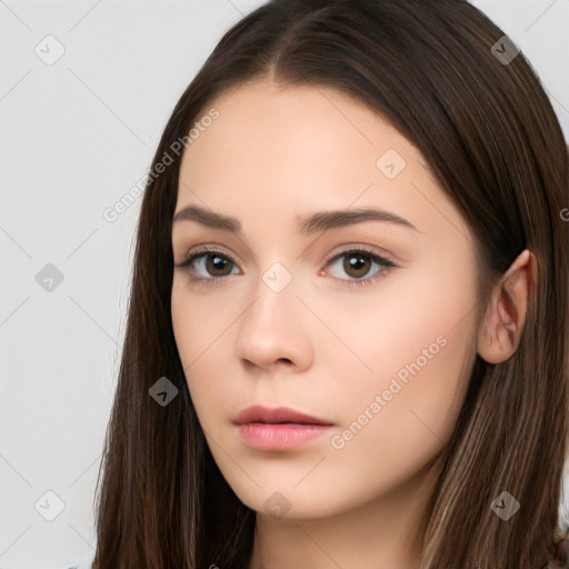 Neutral white young-adult female with long  brown hair and brown eyes