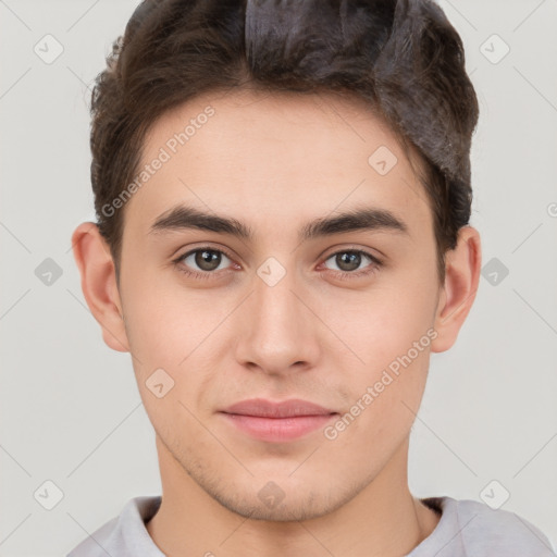 Neutral white young-adult male with short  brown hair and brown eyes