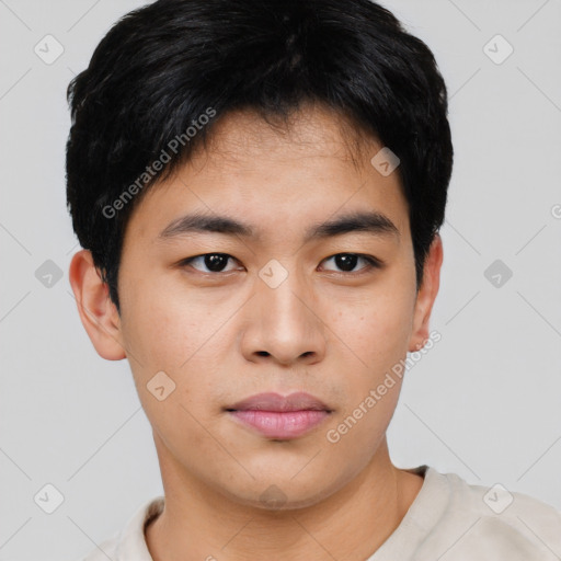 Neutral asian young-adult male with short  brown hair and brown eyes