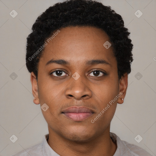 Neutral black young-adult female with short  black hair and brown eyes