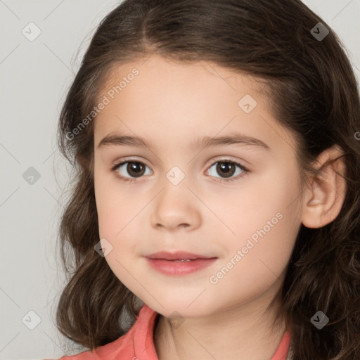 Joyful white child female with medium  brown hair and brown eyes