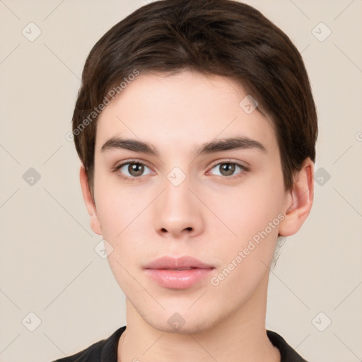 Neutral white young-adult male with short  brown hair and brown eyes