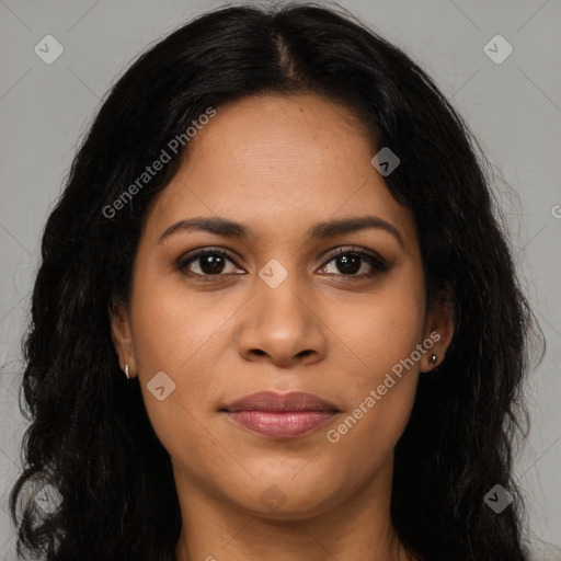 Joyful latino young-adult female with long  brown hair and brown eyes