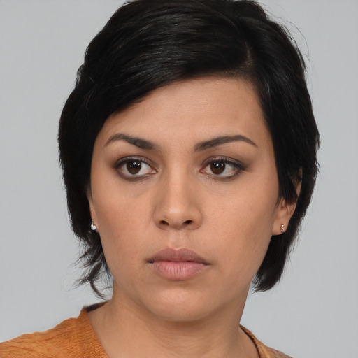 Neutral asian young-adult female with medium  black hair and brown eyes