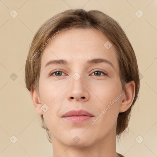 Neutral white young-adult female with medium  brown hair and brown eyes