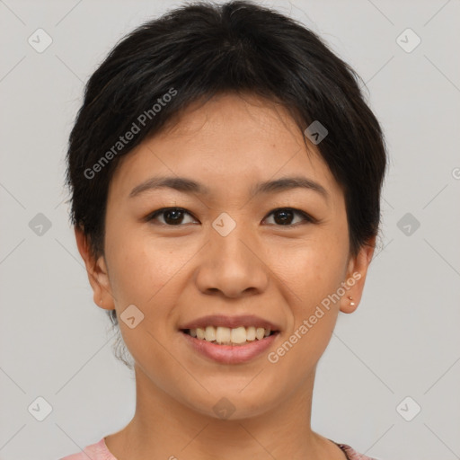 Joyful asian young-adult female with short  brown hair and brown eyes