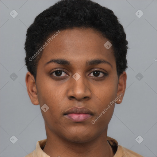 Neutral black young-adult female with short  brown hair and brown eyes
