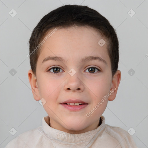 Joyful white child female with short  brown hair and brown eyes