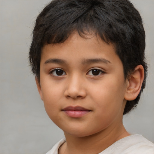 Joyful asian child female with short  brown hair and brown eyes