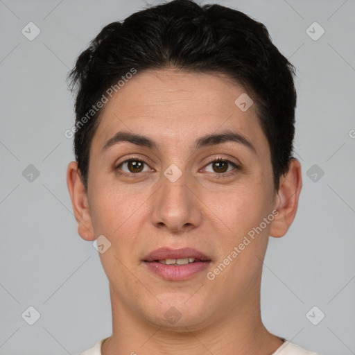 Joyful white young-adult female with short  brown hair and brown eyes