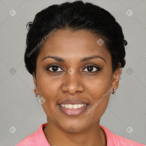 Joyful black young-adult female with short  brown hair and brown eyes