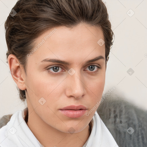 Neutral white young-adult female with short  brown hair and brown eyes