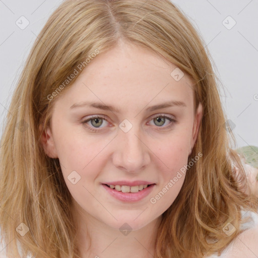 Joyful white young-adult female with medium  brown hair and blue eyes