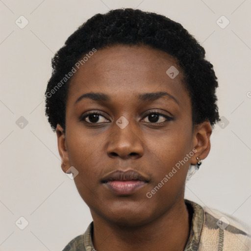 Neutral black young-adult female with short  black hair and brown eyes