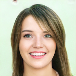 Joyful white young-adult female with long  brown hair and green eyes