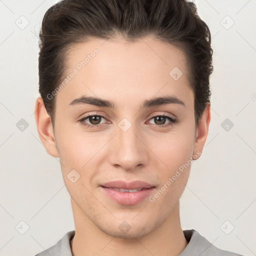 Joyful white young-adult female with short  brown hair and brown eyes