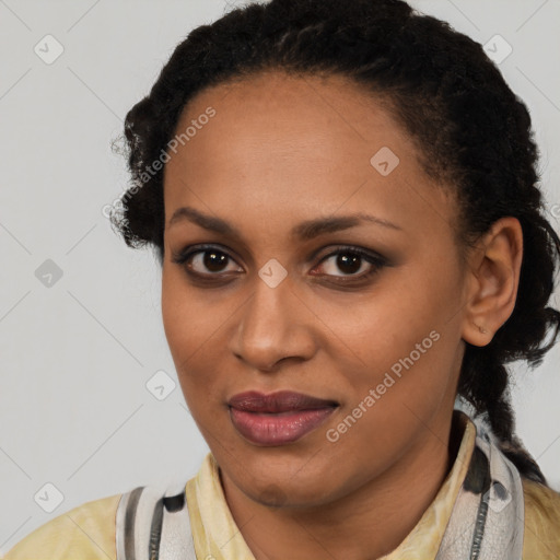 Joyful latino young-adult female with short  black hair and brown eyes