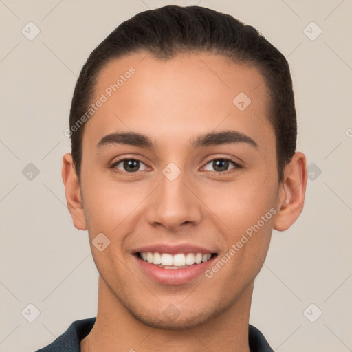 Joyful white young-adult male with short  brown hair and brown eyes