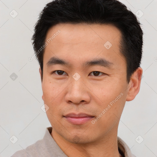 Neutral asian young-adult male with short  black hair and brown eyes