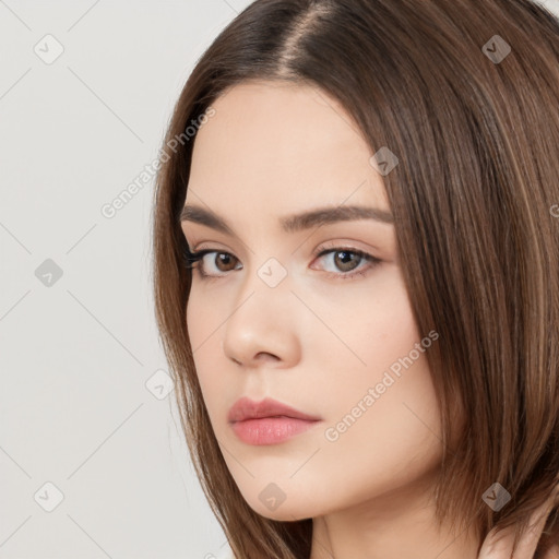 Neutral white young-adult female with long  brown hair and brown eyes