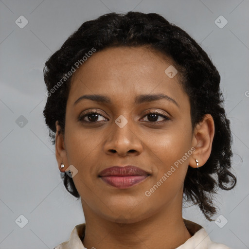 Joyful latino young-adult female with short  black hair and brown eyes