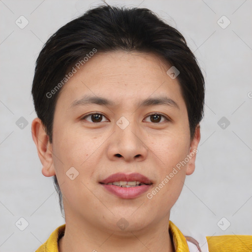 Joyful asian young-adult female with short  brown hair and brown eyes