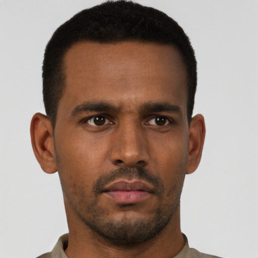 Neutral black young-adult male with short  black hair and brown eyes