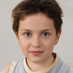 Joyful white child female with short  brown hair and brown eyes