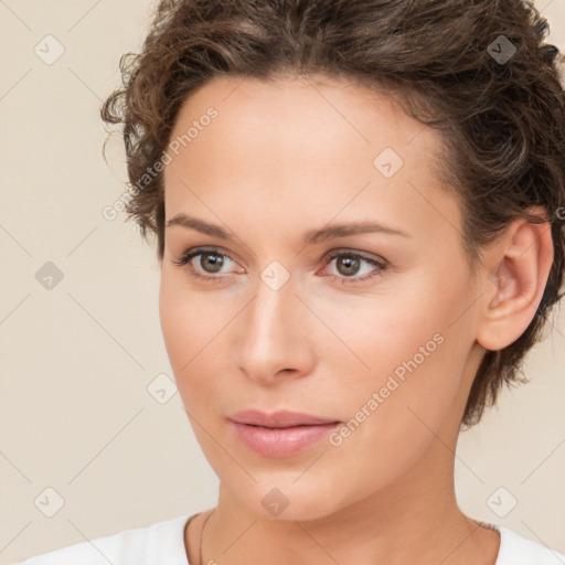 Neutral white young-adult female with short  brown hair and brown eyes