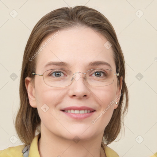 Joyful white young-adult female with medium  brown hair and blue eyes