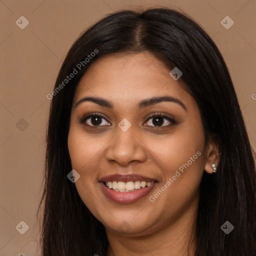 Joyful latino young-adult female with long  brown hair and brown eyes