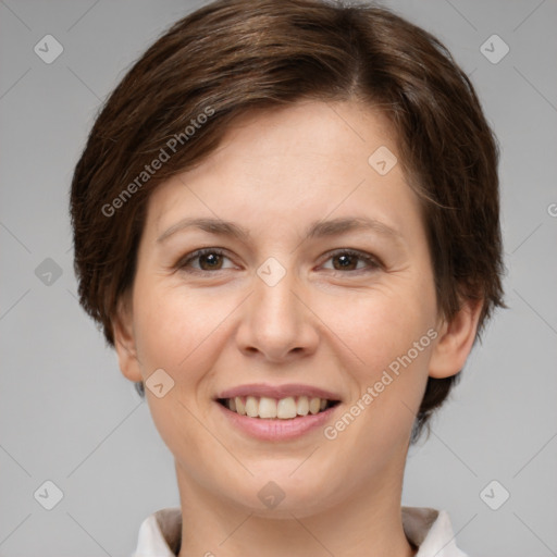 Joyful white young-adult female with short  brown hair and brown eyes