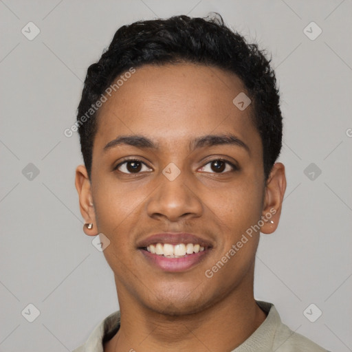 Joyful black young-adult male with short  black hair and brown eyes