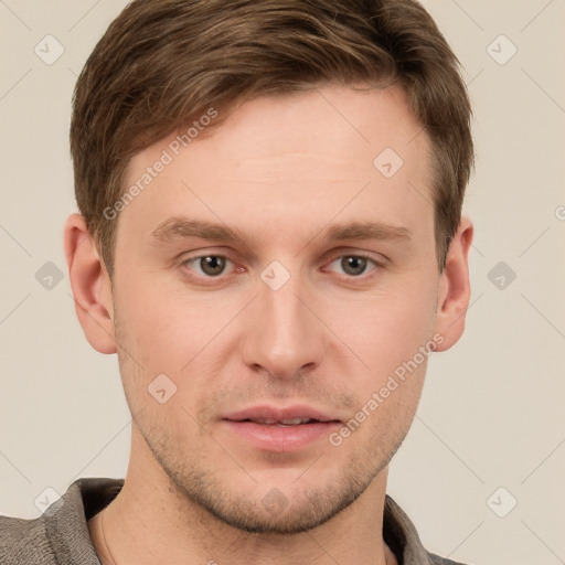 Neutral white young-adult male with short  brown hair and grey eyes