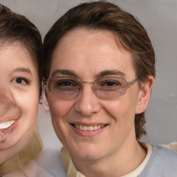 Joyful white adult female with medium  brown hair and blue eyes