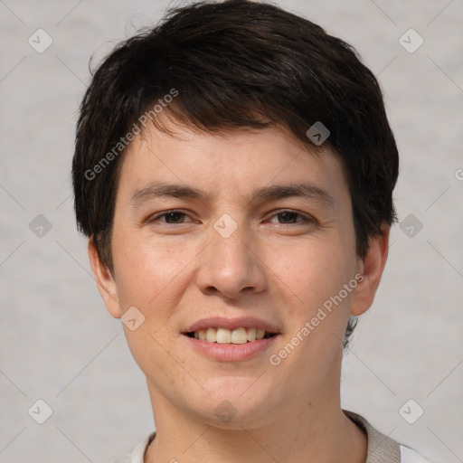 Joyful white young-adult male with short  brown hair and brown eyes