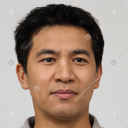 Neutral asian adult male with short  black hair and brown eyes