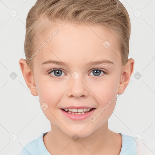 Joyful white child female with short  brown hair and brown eyes