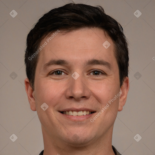 Joyful white young-adult male with short  brown hair and brown eyes