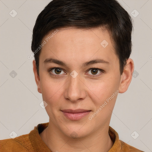 Joyful white young-adult female with short  brown hair and brown eyes