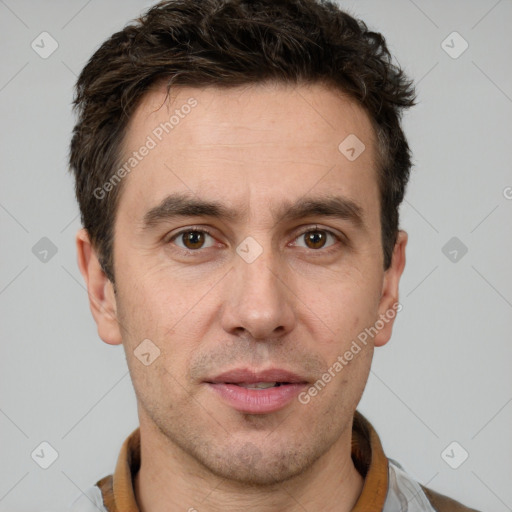 Neutral white adult male with short  brown hair and brown eyes