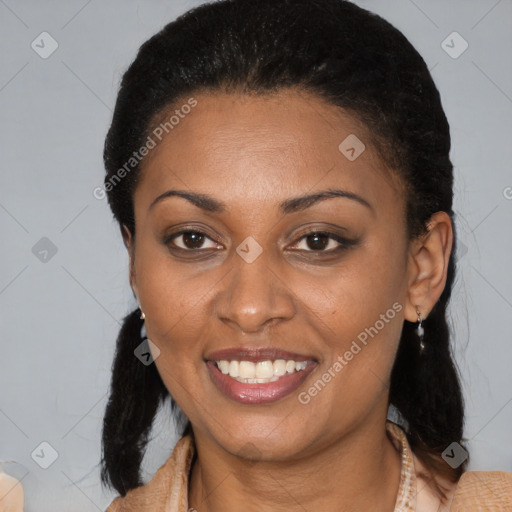 Joyful latino young-adult female with medium  black hair and brown eyes