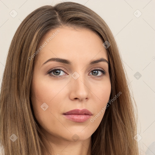 Neutral white young-adult female with long  brown hair and brown eyes