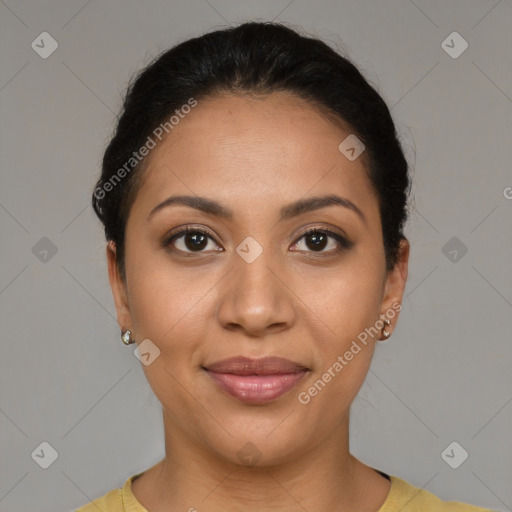 Joyful latino young-adult female with short  brown hair and brown eyes